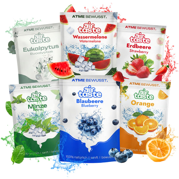 Airtaste Geschmacksfilter-Set – 6 Geschmäcker – Minze, Eukalyptus, Blaubeere, Erdbeere, Wassermelone & Orange