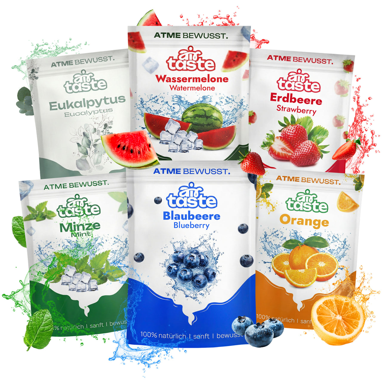 Airtaste Geschmacksfilter-Set – 6 Geschmäcker – Minze, Eukalyptus, Blaubeere, Erdbeere, Wassermelone & Orange