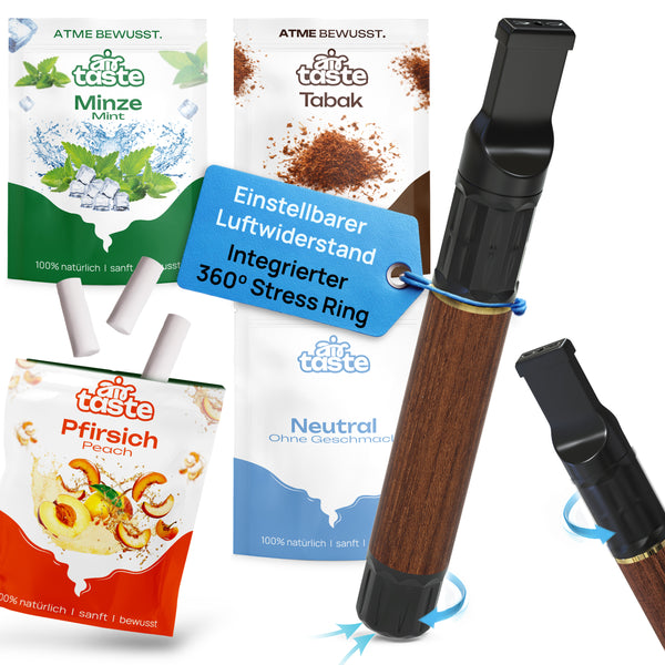 Airtaste Starter Kit – patentiertes Modell mit Stressring & verstellbarem Widerstand – 12 Filter für 1 Monat Vorrat