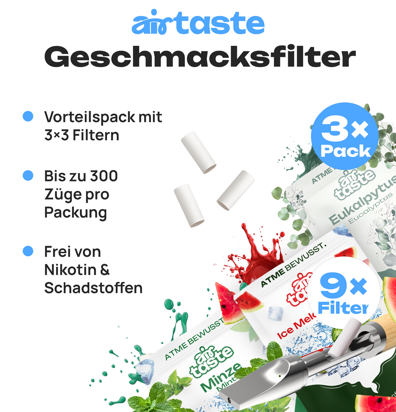 Airtaste Geschmacksfilter-Set – Eukalyptus, Minze & Wassermelone – 9er Set