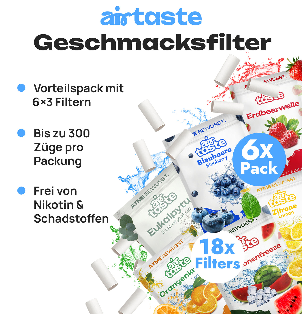 Airtaste Geschmacksfilter-Set – 6 Geschmäcker – Zitrone, Eukalyptus, Blaubeere, Erdbeere, Wassermelone & Orange