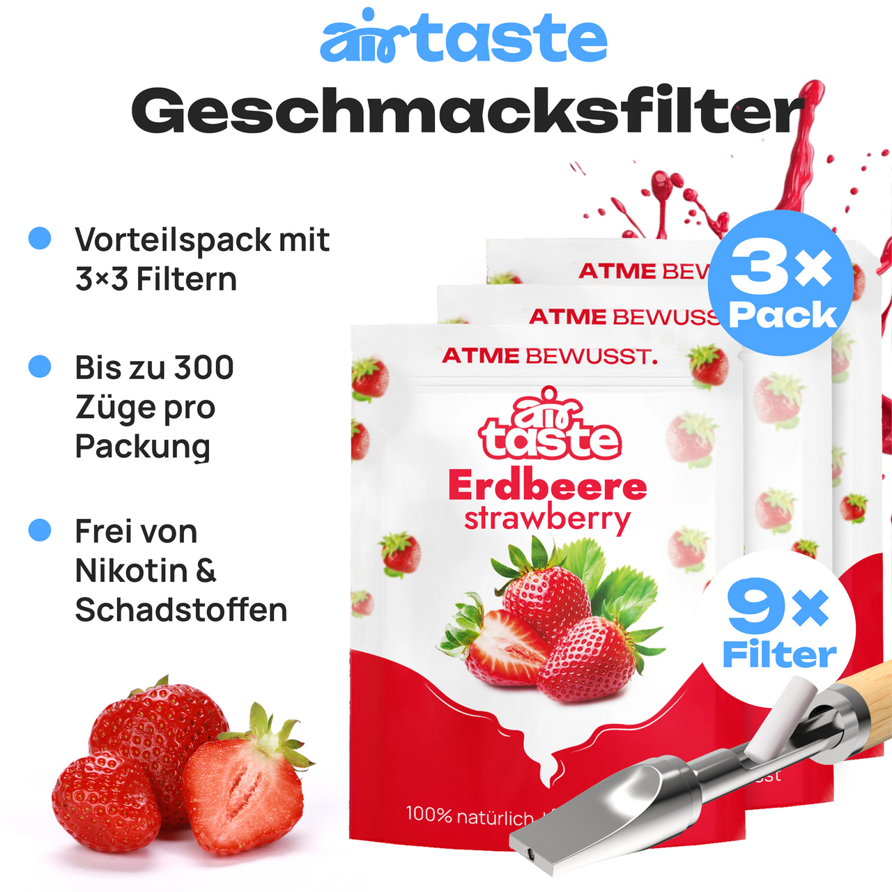 Airtaste Erdbeer Geschmacksfilter – 9 Filter , 1 Monat Vorrat