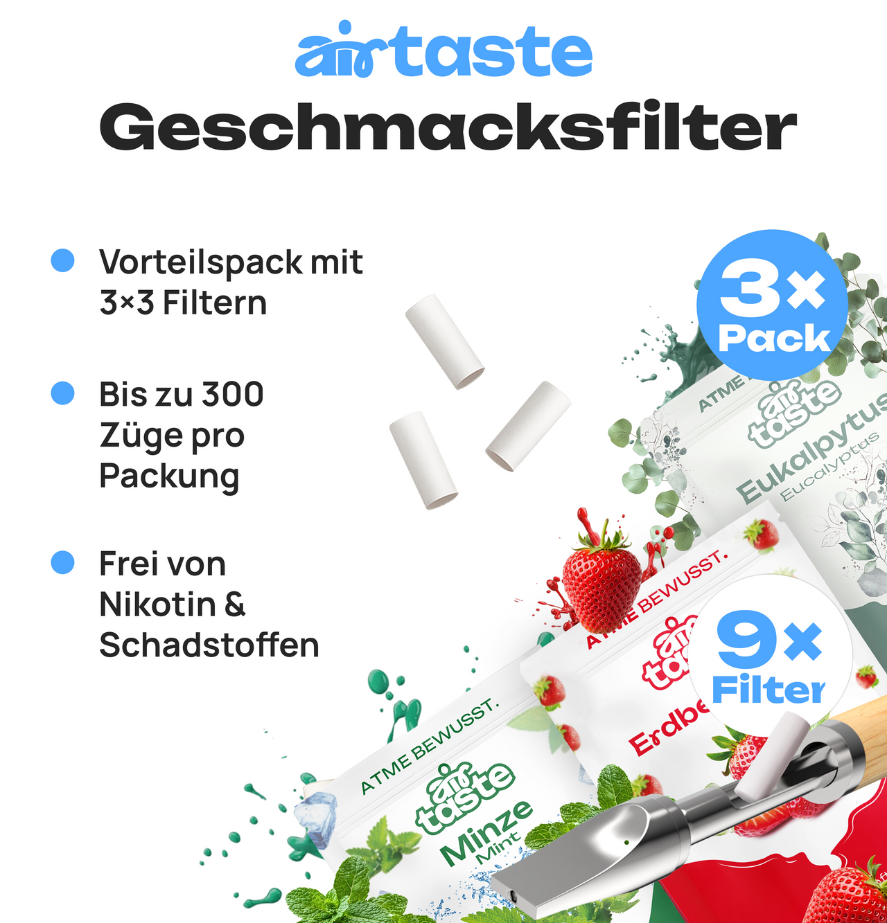 Airtaste Geschmacksfilterset – Eukalyptus, Minze & Erdbeere – 9er Set