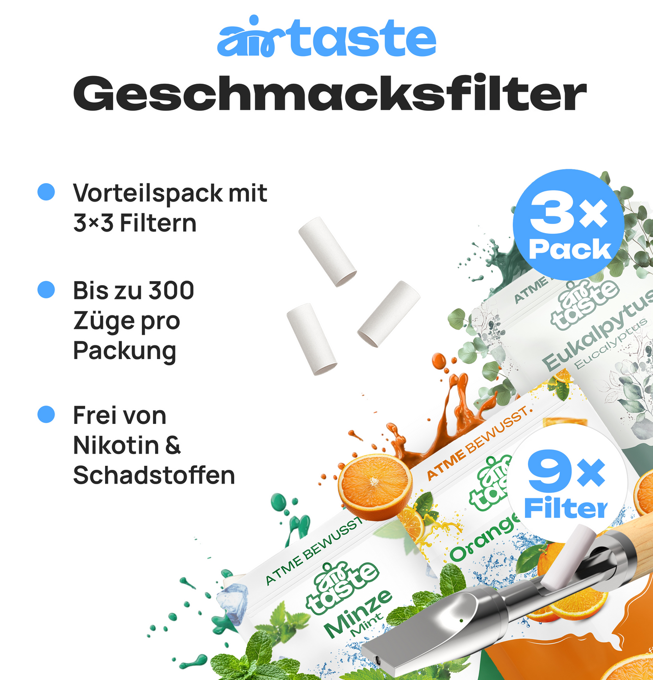 Airtaste Geschmacksfilterset – Eukalyptus, Minze & Orange – 9 Filter , 1 Monat Vorrat