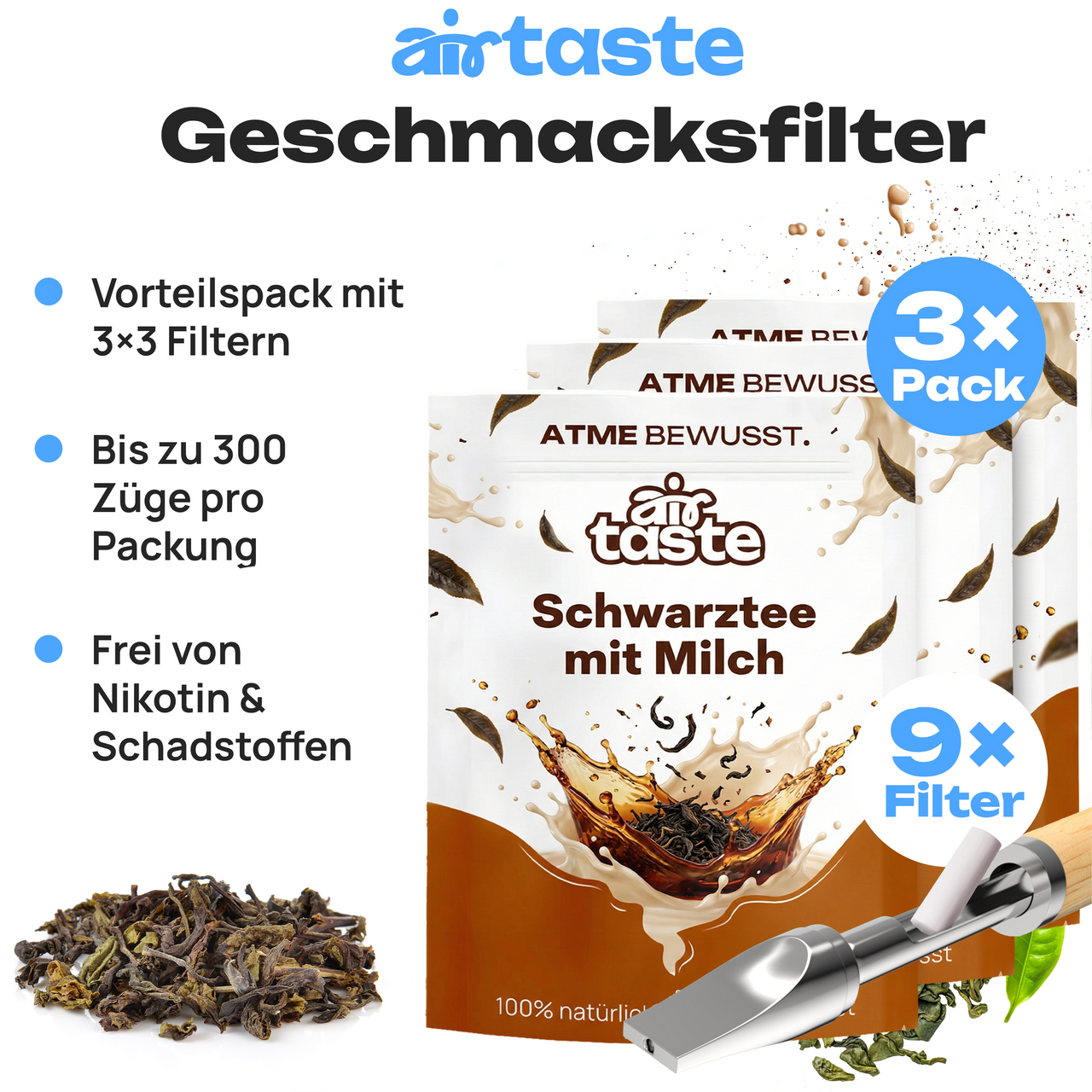 Airtaste Schwarzer Tee mit Milch Geschmacksfilter – 9er Set