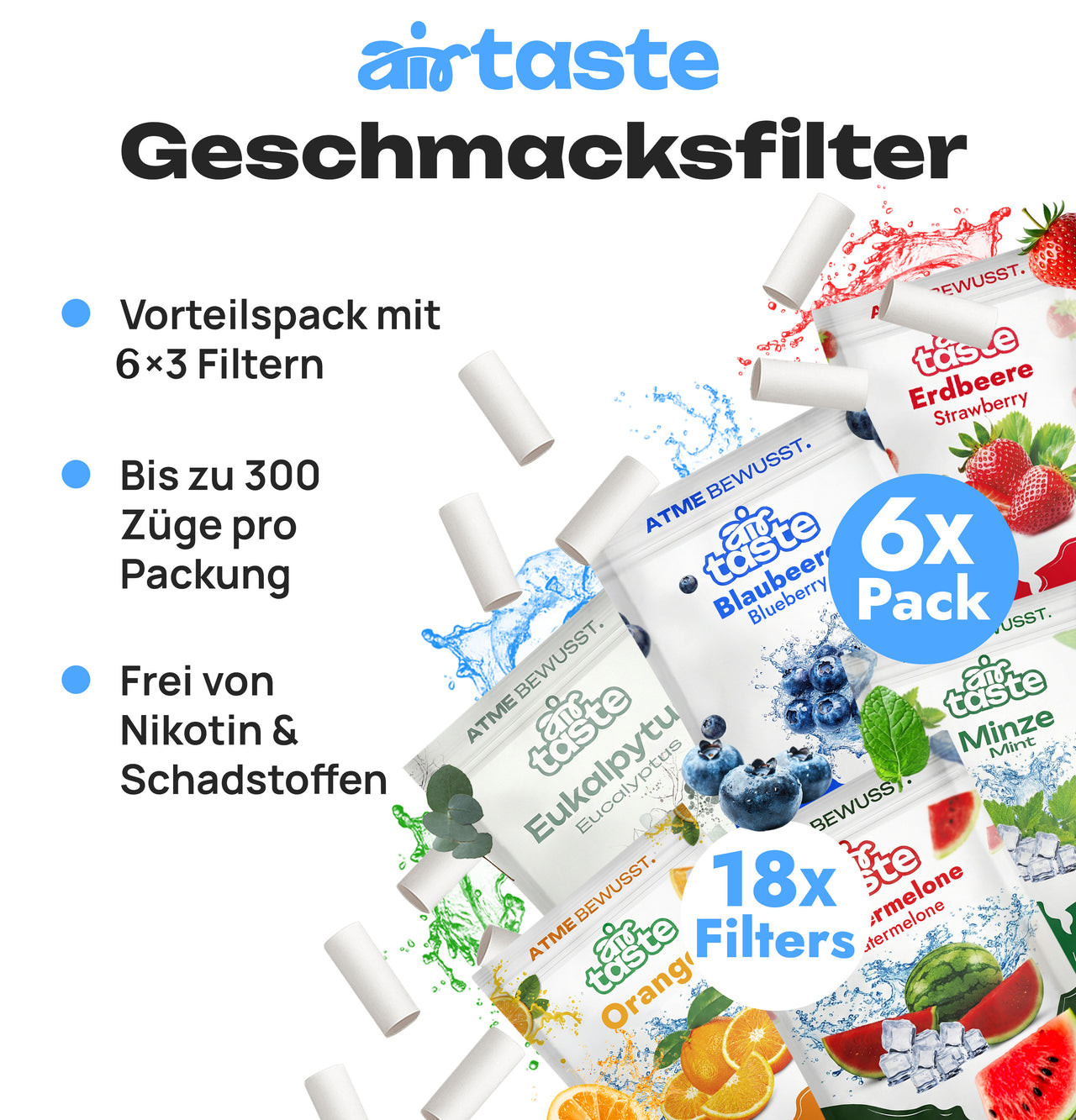 Airtaste Geschmacksfilter-Set – 6 Geschmäcker – Minze, Eukalyptus, Blaubeere, Erdbeere, Wassermelone & Orange