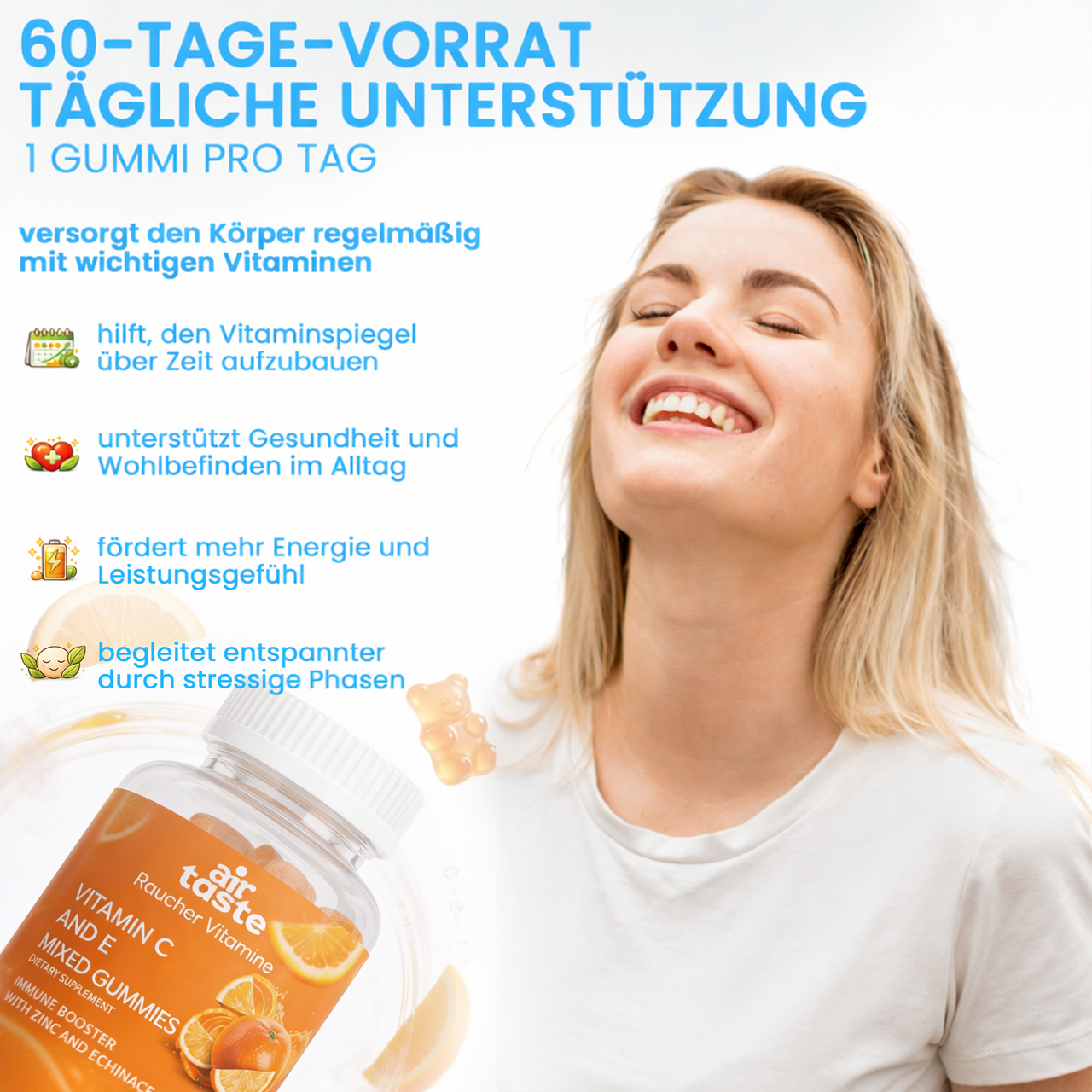 Airtaste Raucher  Vitamin C & E Gummies – 60 Tage Unterstützung für Raucher & Ex-Raucher